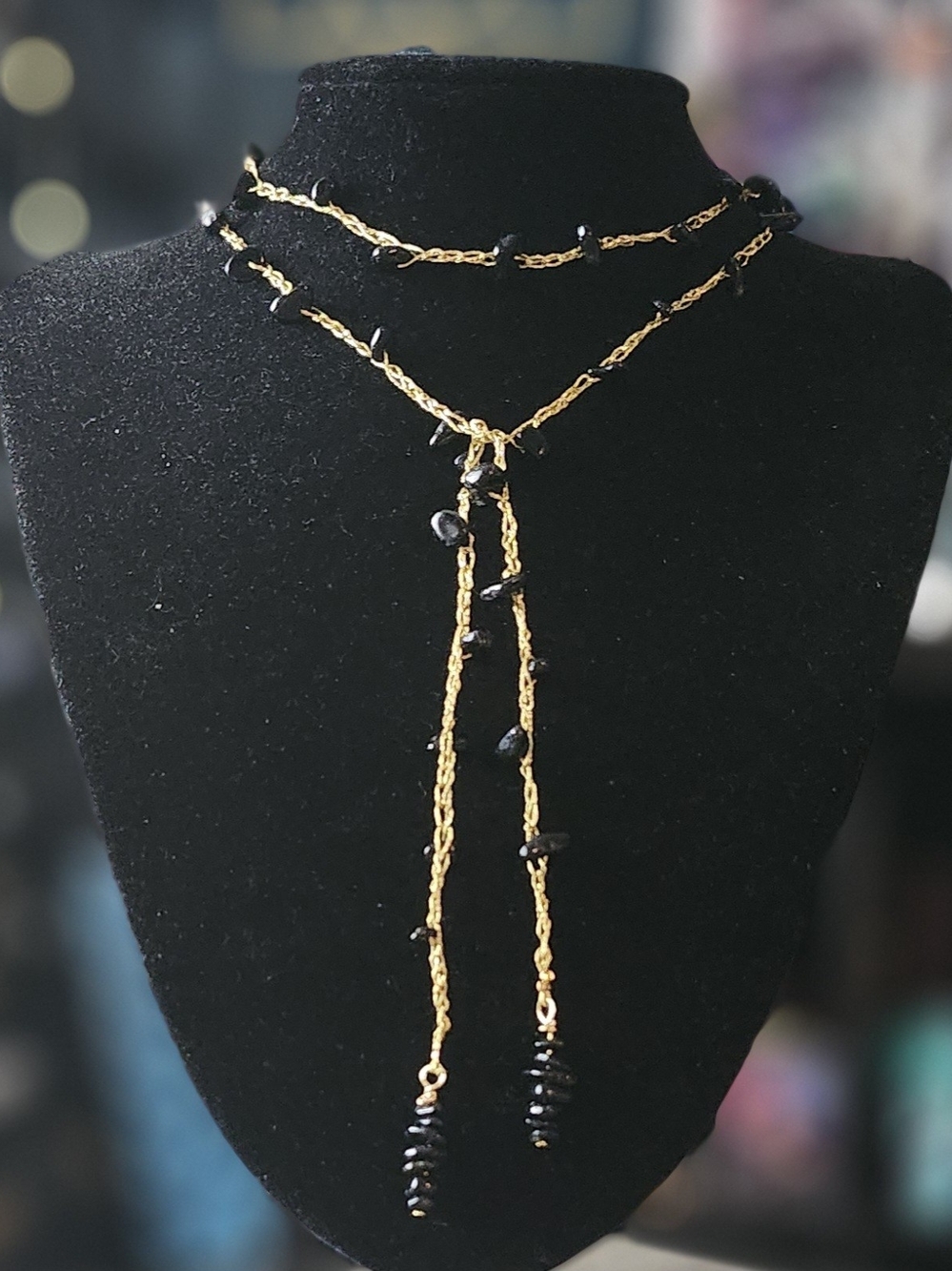 Gold and Black Beaded Lariat Necklace Crochet Handmade